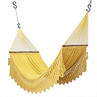 Cotton rope hammock, 'Sunny Calm' (double) - Handcrafted Yellow Cotton Rope Hammock with Fringes (Double)
