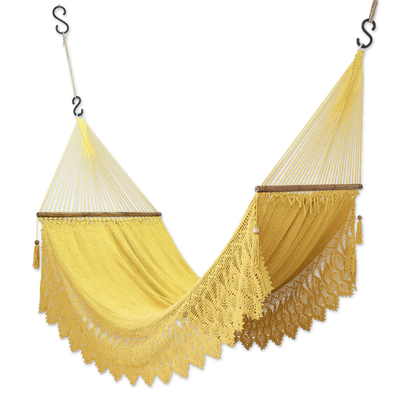 Handcrafted Yellow Cotton Rope Hammock with Fringes (Single)