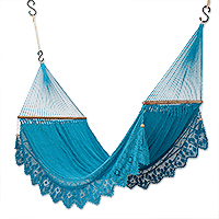 Cotton rope hammock, 'Refreshing Heaven' (double) - Handcrafted Blue Floral Cotton Rope Hammock (Double)