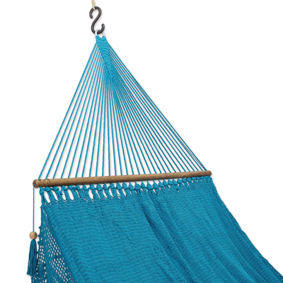 Cotton rope hammock, 'Refreshing Heaven' (double) - Handcrafted Blue Floral Cotton Rope Hammock (Double)
