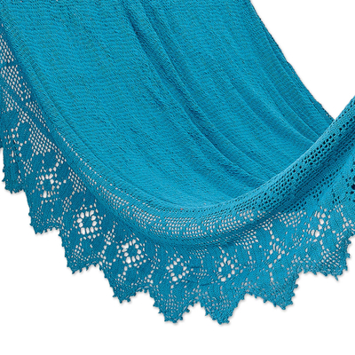 Hamaca de cuerda de algodón, (doble) - Hamaca artesanal de cuerda de algodón floral azul (doble)