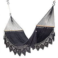 Cotton rope hammock, 'Diamond Nights' (double) - Handcrafted Black Cotton Rope Hammock with Fringes (Double)