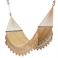 Cotton rope hammock, 'Beige Calm' (double) - Handcrafted Beige Cotton Rope Hammock with Fringes (double)