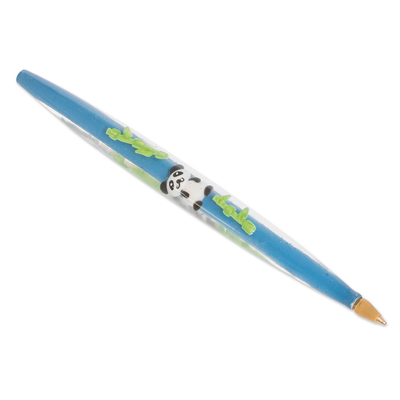 Resin pen, 'Sweet Panda' - Panda-Themed Resin Pen with Leafy Details Made in Costa Rica