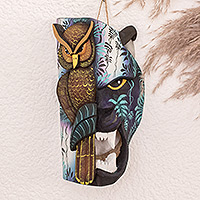 Wood mask, 'Boruca Nocturnal Fauna' - Costa Rican Traditional Balsa Wood Mask of Jaguar & Owl