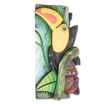 Wood mask, 'Boruca Flower' - Costa Rican Traditional Balsa Wood Mask of Warrior & Flower