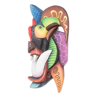 Wood mask, 'Boruca Devil with Birds' - Costa Rican Traditional Wood Devil Mask with Toucan & Macaw