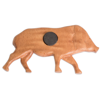 Wood magnet, 'Curious Pig' - Cedar Wood Pig Kitchen Magnet Carved by Hand in Costa Rica