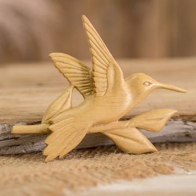 Teak wood magnet, 'Flapping Hummingbird' - Hummingbird Kitchen Magnet Carved by Hand from Teak Wood