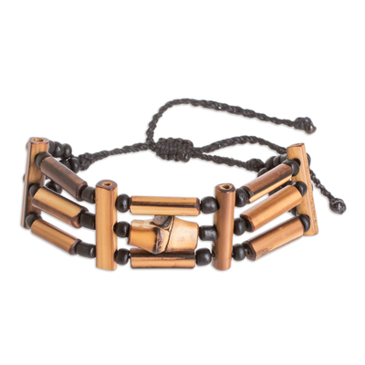 Bamboo beaded wristband bracelet, 'Natural Vibes' - Hand-Crafted Unisex Bamboo Beaded Wristband Bracelet