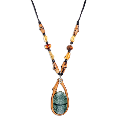 Jade and bamboo beaded pendant necklace, 'Natural Splendor' - Handmade Bamboo Beaded Pendant Necklace with Jade Stone