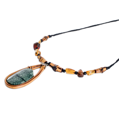Jade and bamboo beaded pendant necklace, 'Natural Splendor' - Handmade Bamboo Beaded Pendant Necklace with Jade Stone