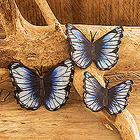 Leather magnets, 'Morpho Magic' (set of 3) - Set of 3 Leather Butterfly Magnets Handcrafted in Costa Rica