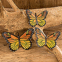 Leather magnets, 'Monarch Magic' (set of 3) - Set of 3 Warm-Toned Handcrafted Leather Butterfly Magnets