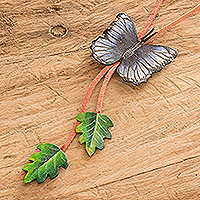 Leather lariat necklace, 'Morpho Butterfly' - Hand-Painted Leather Butterfly and Leaf Lariat Necklace