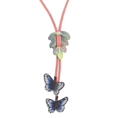 Leather lariat necklace, 'Forest Fantasy' - Nature-Themed Hand-Painted Leather Lariat Necklace