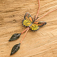 Leather lariat necklace, 'Monarch Fantasy' - Butterfly-Themed Hand-Painted Leather Lariat Necklace