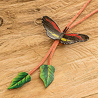 Leather lariat necklace, 'Heliconius Fantasy' - Butterfly-Themed Leather Lariat Necklace Made in Costa Rica
