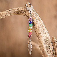Crystal beaded pewter key chain, 'Chakra Feather'