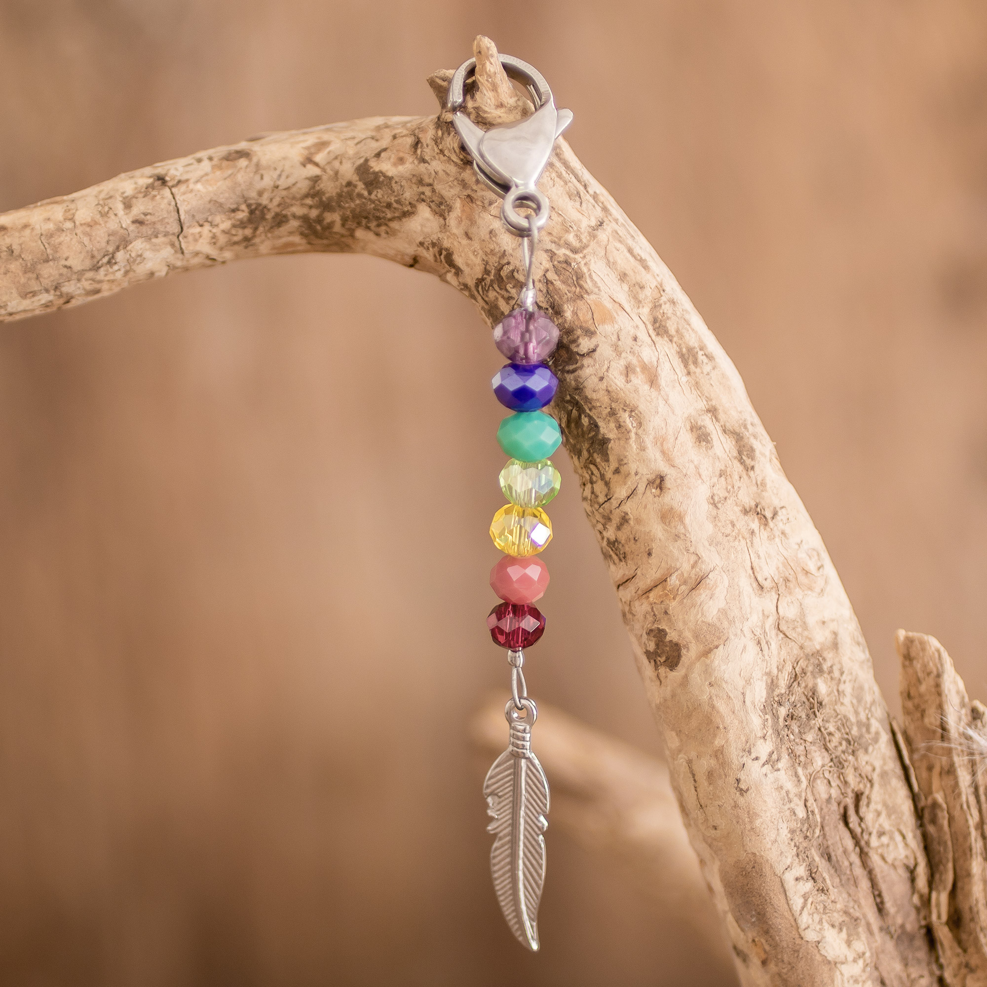 Handcrafted Crystal Beaded Key Chain with Pewter Charm - Chakra Feather