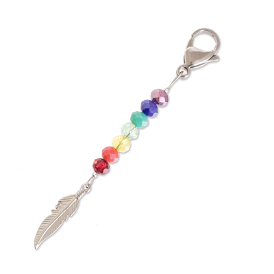 Crystal beaded pewter key chain, 'Chakra Feather' - Handcrafted Crystal Beaded Key Chain with Pewter Charm