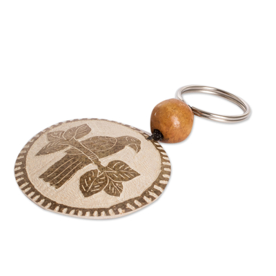 Dried gourd keychain, 'Exotic Bird' - Bird Keychain Hand-Carved in Dried Calabash Gourd with Bead