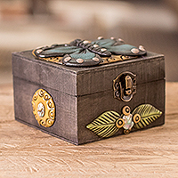 Wood and resin decorative box, 'Butterfly Charm' - Handmade Wood and Resin Decorative Box with Brass Fittings