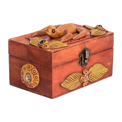 Wood and resin decorative box, 'Sloth Charm' - Wood and Resin Sloth Decorative Box with Brass Fittings