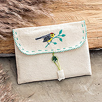 Cotton clutch, 'Elegant Feathers' - Handmade Embroidered Cotton Clutch with Bird and Leaf Motifs