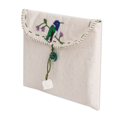 Cotton clutch, 'Free Feathers' - Embroidered Cotton Clutch with Bird and Floral Details