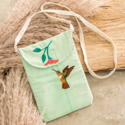 Cotton sling, 'Mint Paradise' - Embroidered Mint Cotton Sling with Bird and Floral Motifs