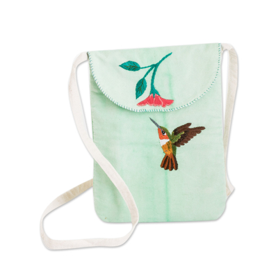 Embroidered Mint Cotton Sling with Bird and Floral Motifs