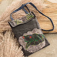 Cotton sling, 'Nocturnal Jungle' - Embroidered Leafy and Frog-Themed Grey Cotton Sling