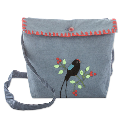 Bird-Themed Embroidered Cotton Sling with Red Accents