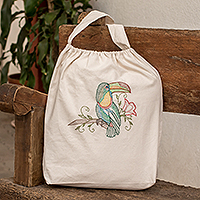 Tote bag de algodón bordado, 'Toucan Reflections' - Bolso tote de algodón beige artesanal con detalles bordados