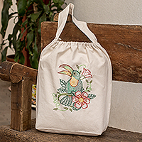 Embroidered cotton tote bag, 'Toucan Beauty' - Handcrafted Beige Cotton Tote Bag with Embroidered Motifs