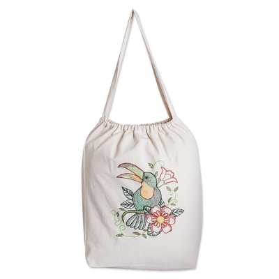 Handcrafted Beige Cotton Tote Bag with Embroidered Motifs