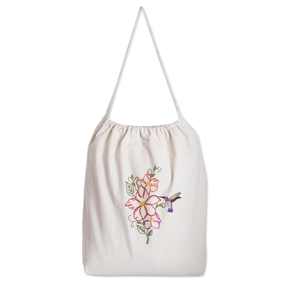 Embroidered Beige Cotton Tote Bag with Bird Motifs