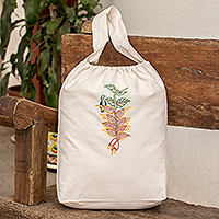 Embroidered cotton tote bag, 'Little Heliconias' - Embroidered Beige Cotton Tote Bag with Floral Motifs