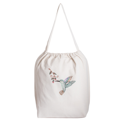 Embroidered Beige Cotton Tote Bag with Bird Motifs - Little Flier