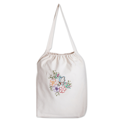 Embroidered Beige Cotton Tote Bag with Butterfly Motifs