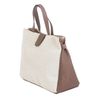 Faux leather-accented handle bag, 'Ecru Femininity' - Modern Faux-Leather Accented Handle Bag in Beige
