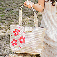 Leather-accented shoulder bag, 'Rural Flowers' - Leather-Accented Ecru Shoulder Bag with Red Flowers