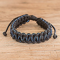 Handcrafted braided bracelet, 'Aquatic Elements' - Handcrafted Bohemian Braided Bracelet in Blue and Black Hues