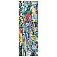 Impresión, 'Splendid Quetzal' - Impresión de sublimación estirada multicolor moderna de un pájaro