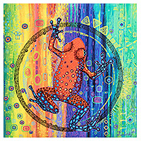 Impresión, 'rana dardo venenosa de fresa' - moderna impresión por sublimación con temática de rana estirada multicolor