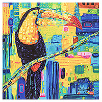 Print, 'Majestic Toucan' - Modern Multicolored Stretched Sublimation Print of A Toucan