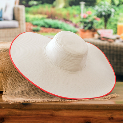 Traditional Cotton Sun Hat with Red Piping and 6-Inch Brim, 'Guanacaste  Universe