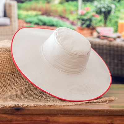 Cotton sun hat, 'Guanacaste World' (4.5-inch brim) - Traditional Cotton Sun Hat with Red Piping and 4.5-Inch Brim