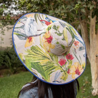 Cotton sun hat, 'Tropical Universe' - Tropical Cotton Sun Hat with Blue Piping and 6-Inch Brim